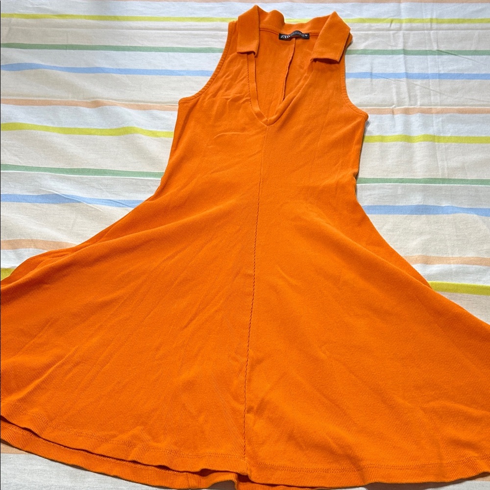Zara Sleeveless Lapel Collar V-Neck Ribbed Skater Dress USA Small Retired EUC